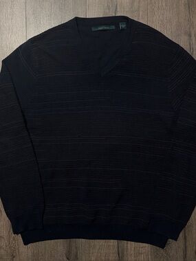 Perry Ellis Dark Blue V-Neck Ribbed Knit Sweater
